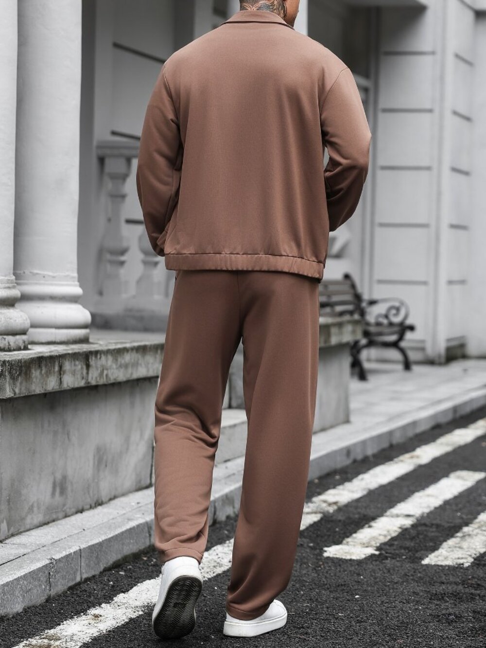 Brown Casual Men's Loose Pocket Zipper Long Sleeve Jacket & Pants Set - Picture 2 of 9